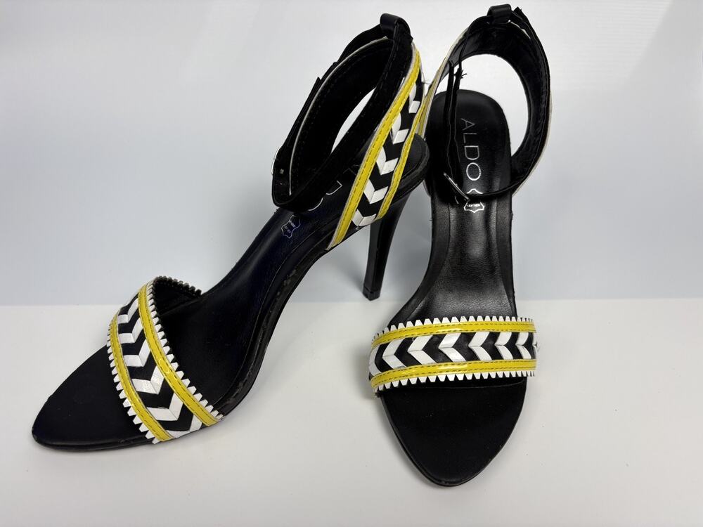Aldo Women's 7.5 Strappy Stiletto Sandals Chevron Yellow Black White Heels